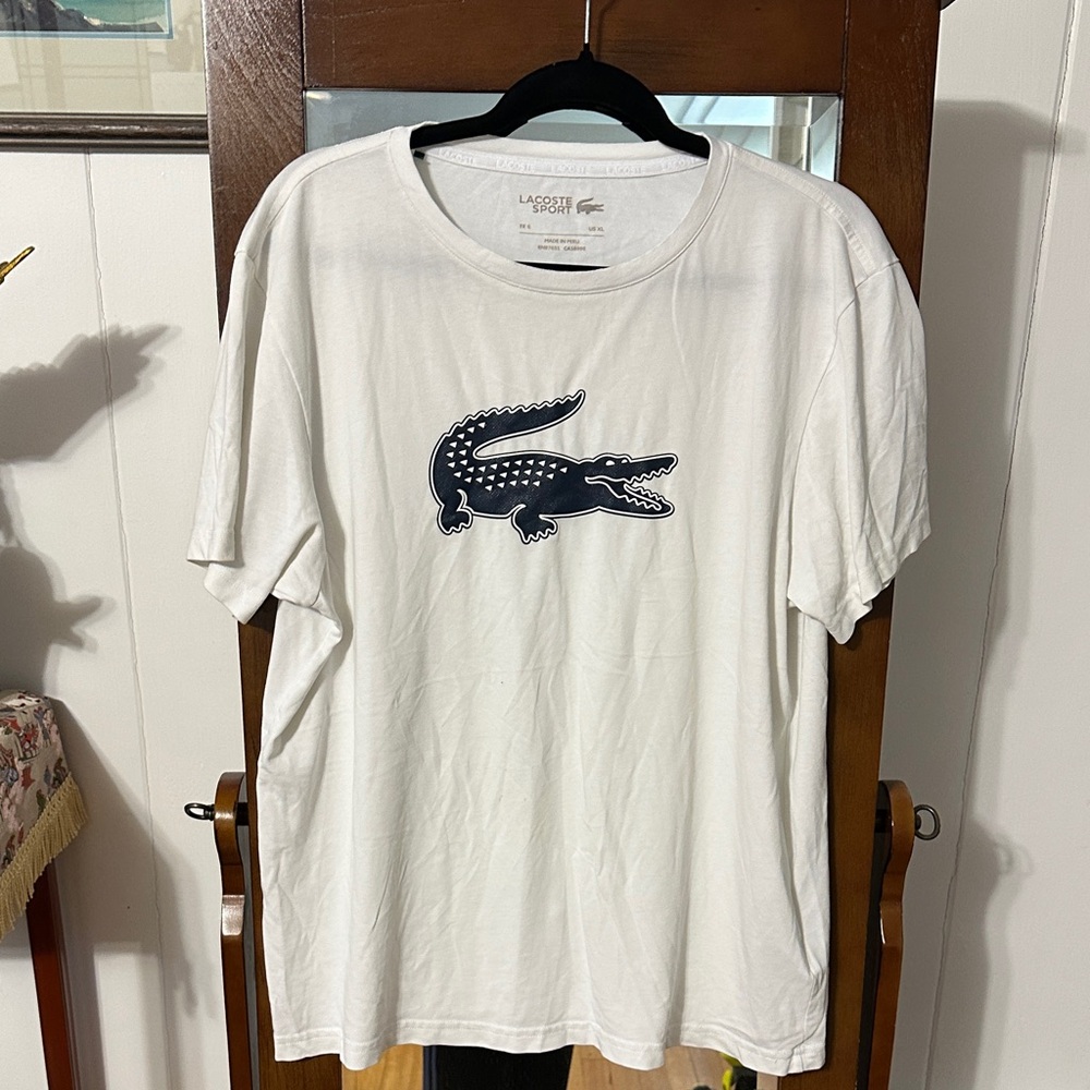 Lacoste White Tee with Navy Crocodile Emblem